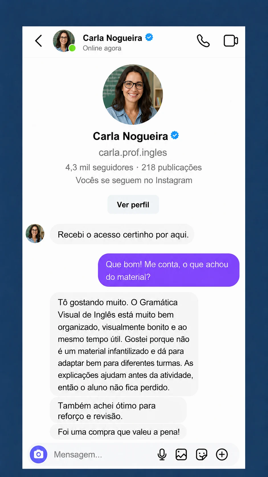 Depoimento em comentários de professores sobre Gramática Visual de Inglês