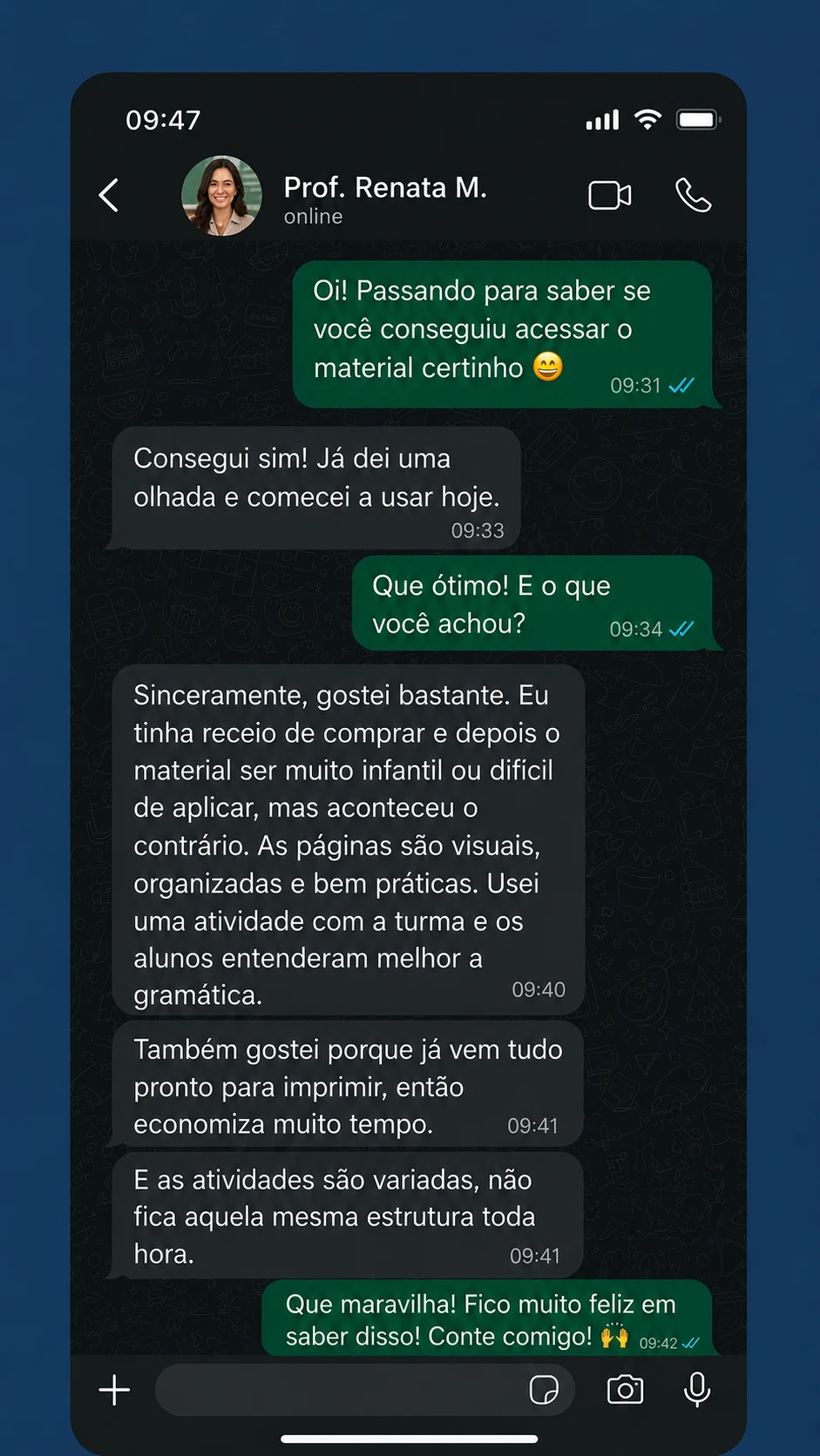 Depoimento em conversa no WhatsApp sobre Gramática Visual de Inglês
